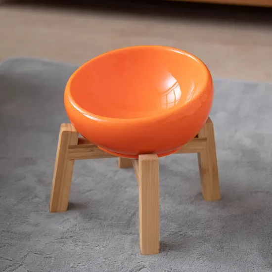 Creative Ceramic Pet Water Bowls Food Bowl with Sturdy Bamboo Base