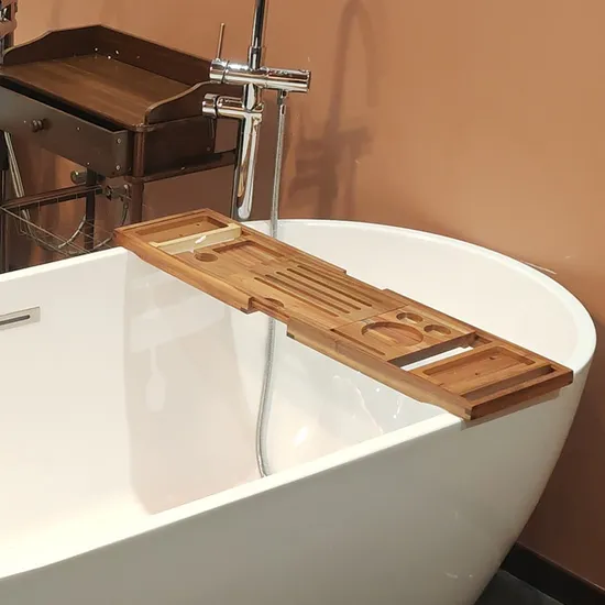 Luxury Extendable Acacia Wooden Bathtub Caddy Tray with Wine Holder and Book Stand