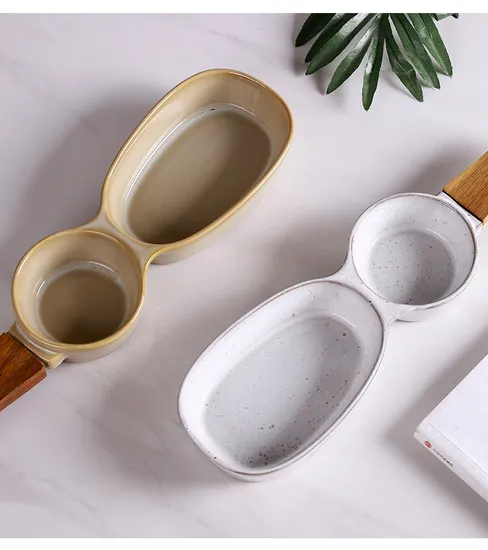 Wooden Handle Ceramic Snack Bowl Divider Ceramic Serving Dish Salad Container Plate