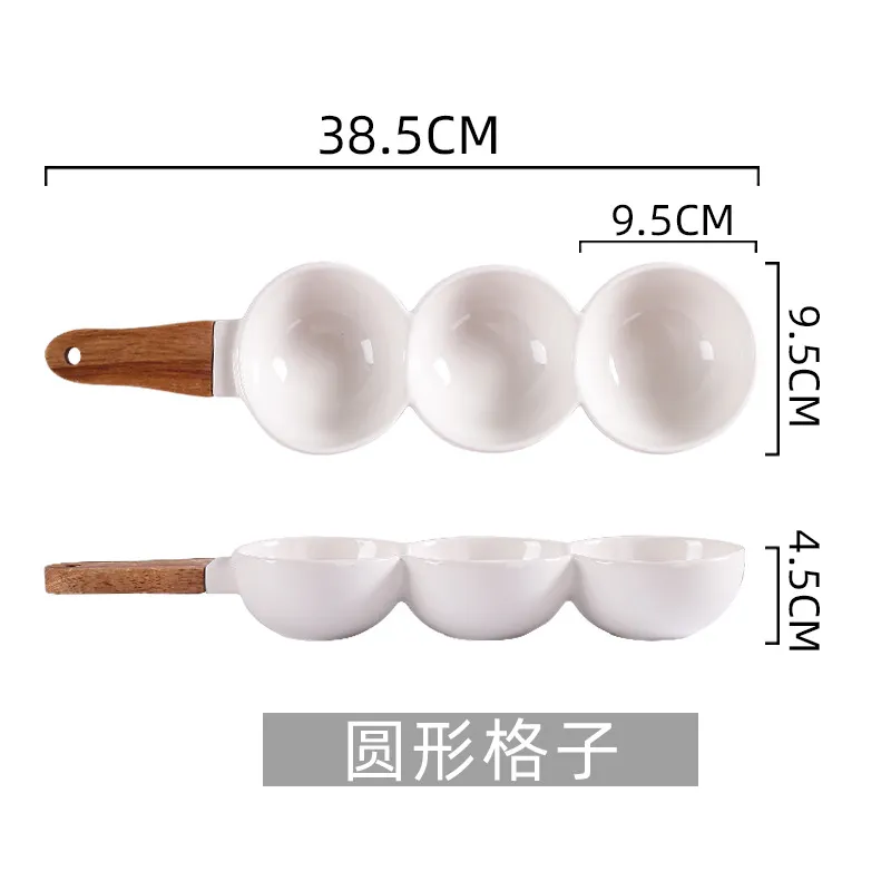 Wooden-Handled Three-Section Ceramic Bowl for Nuts, Veggies, Fruits, and Candy Serving