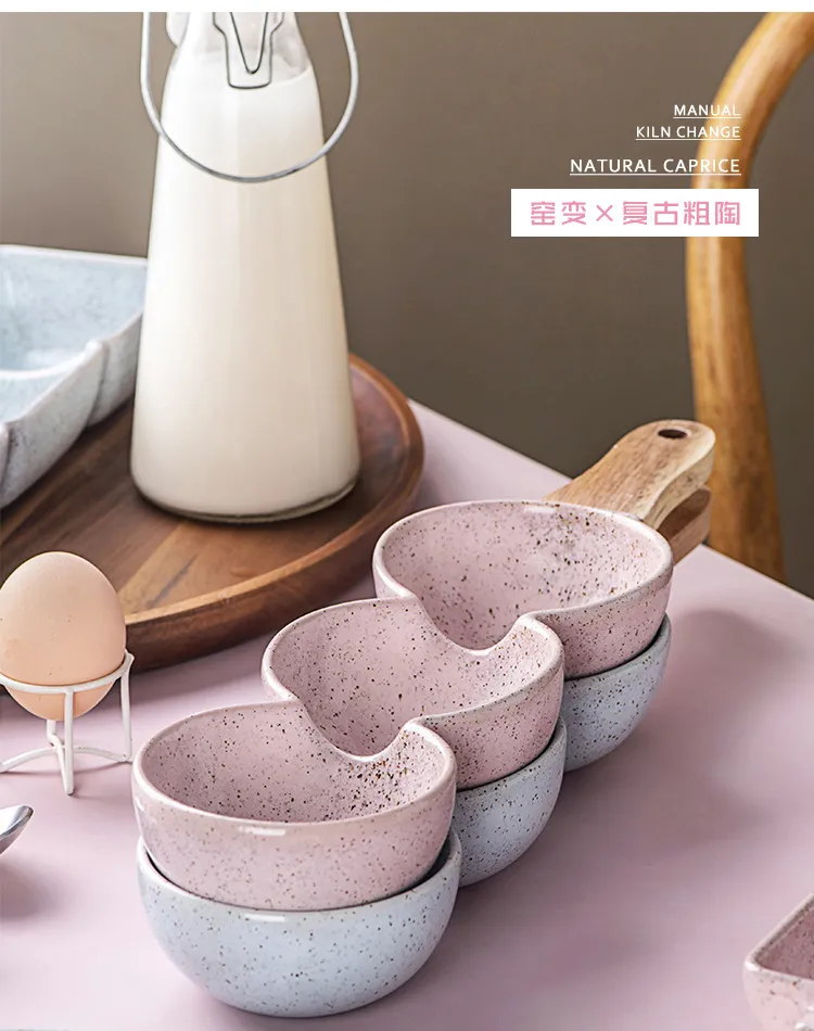 Elegant 3-Piece Ceramic Bowl Set with Wooden Handles for Snacks