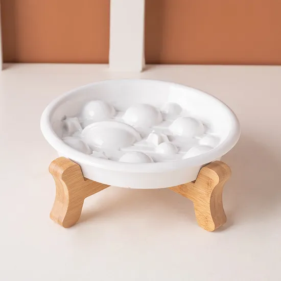 Anti - Choking and Slow - Feeding Ceramic Pet Food Plates Cat Dog Food Bowl with Bamboo Stand