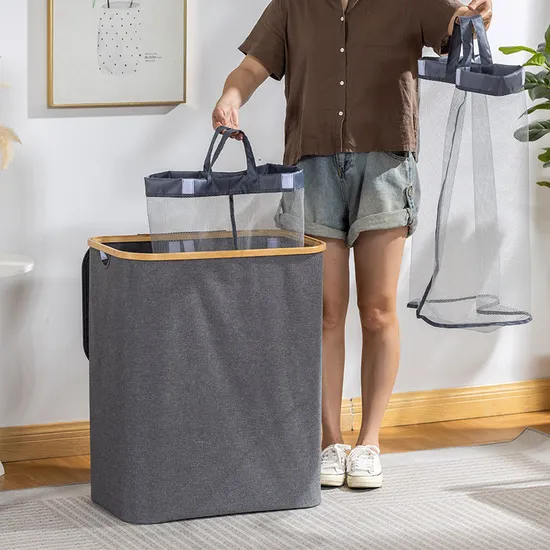 160 L Double-Opening Bamboo Fabric Laundry Basket Large-Capacity Storage Basket with Double Compartments.