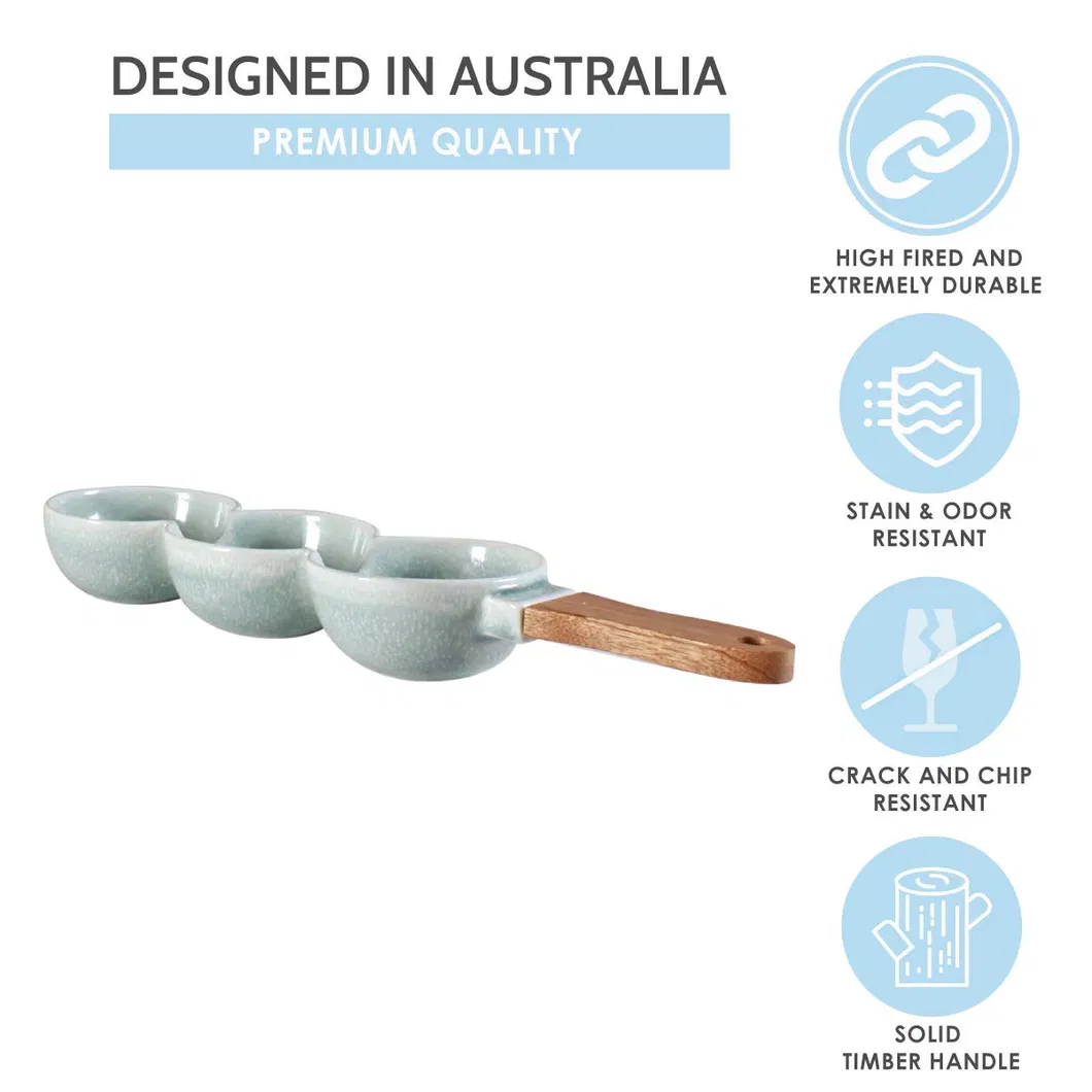 3 Part Serving Bowl with Timber Handle for Dips, Condiments, Relish, Mezze, Snacks, Nuts and Olives