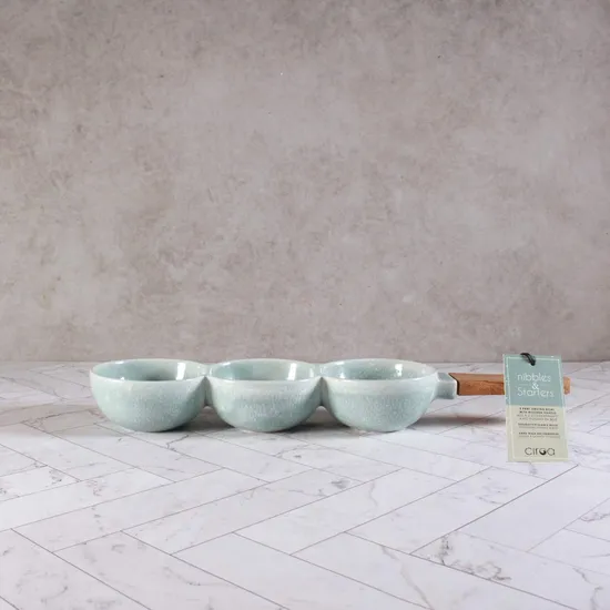 3 Part Serving Bowl with Timber Handle for Dips, Condiments, Relish, Mezze, Snacks, Nuts and Olives