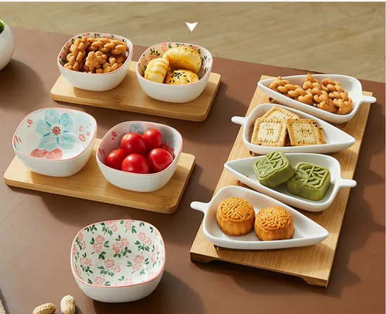 4 PCS Ceramic Appetizer Dipping Bowls with Bamboo Tray