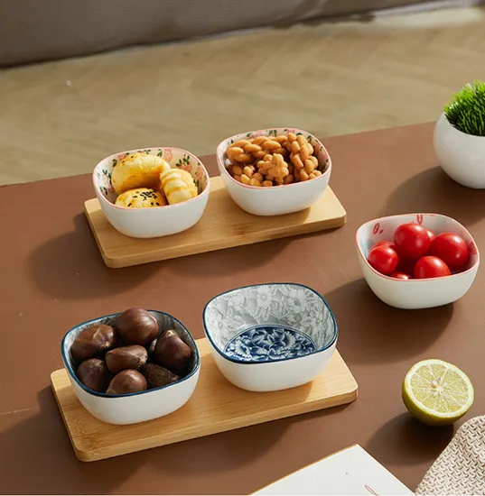 Elegant Ceramic Dipping Bowls Set with Bamboo Serving Tray