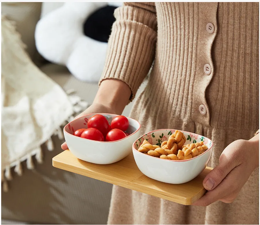 Elegant Ceramic Dipping Bowls Set with Bamboo Serving Tray