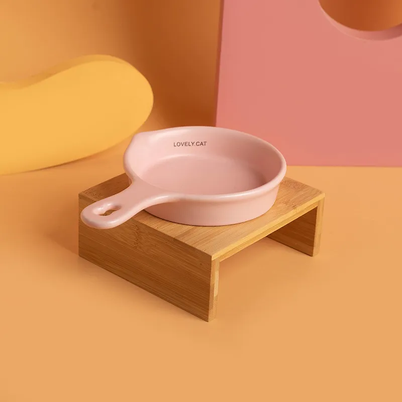 Flat - Bottomed Ceramic Pot Cat Bowl Slow - Feeding Bowl Drinking Bowl with Handle and Bamboo Stand