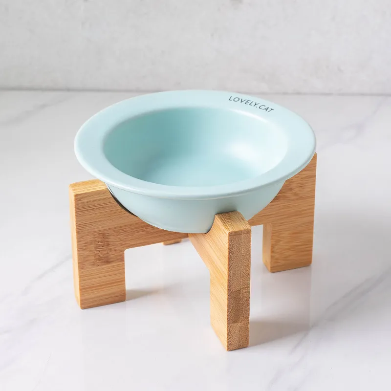 Dog Supplies Pet Ceramic Food Bowl with Wooden Rack