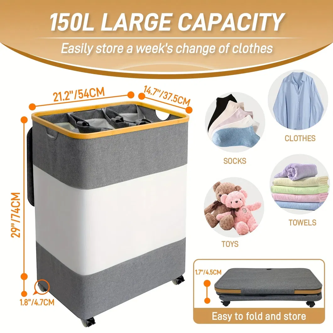 Large Capacity Black and White Spliced Foldable Bamboo Fabric Laundry Basket with Cover and Wheels