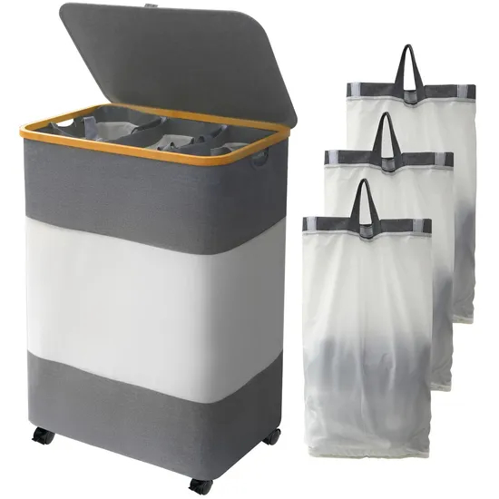 Large Capacity Black and White Spliced Foldable Bamboo Fabric Laundry Basket with Cover and Wheels
