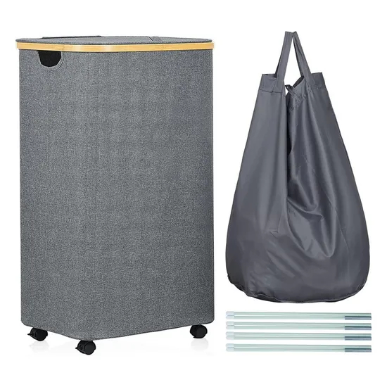 Foldable and Wheeled Bamboo Cloth Laundry Basket with Cover and Inner Bag