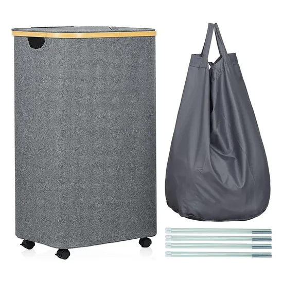 Foldable and Wheeled Bamboo Cloth Laundry Basket with Cover and Inner Bag