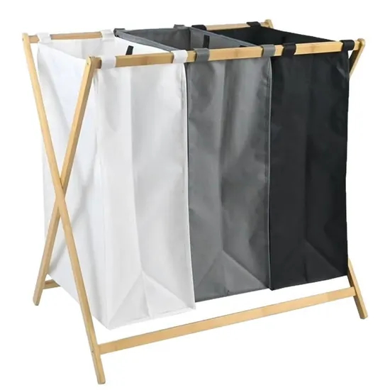 Waterproof Foldable Three - Compartment Fabric Laundry Baskets Sundries Baskets with Bamboo Shelf