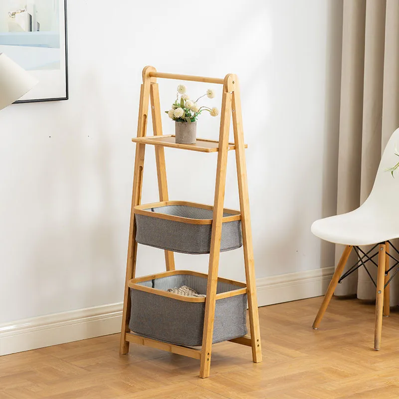 Triple-Layer Bamboo and Fabric Storage Shelf Storage Rack Laundry Basket for Bathroom