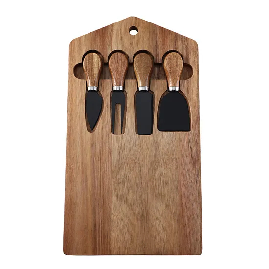 Vintage - Inspired Acacia Cheese Board and Black Knife Set for Kitchen