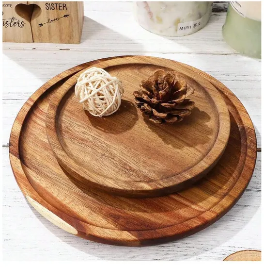Round Acacia Wooden Nuts Fruit Snack Appetizer Serving Tray Plate
