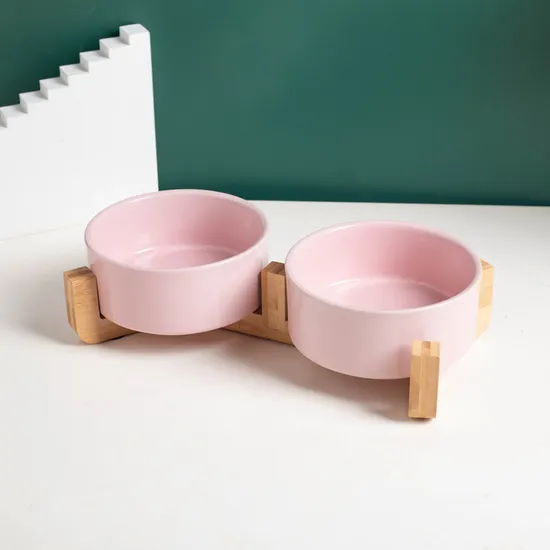 Wholesale Nordic Pet Supplies Ceramic Cat Food Water Bowl Pet Bowl with Bamboo Wooden Stand