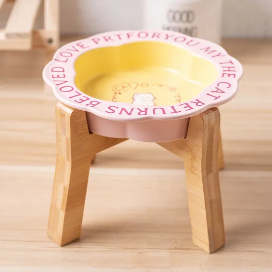 Flower - Edge Ceramic Cat Bowl Dog Food Bowl Feeding Bowl with High Wooden Rack