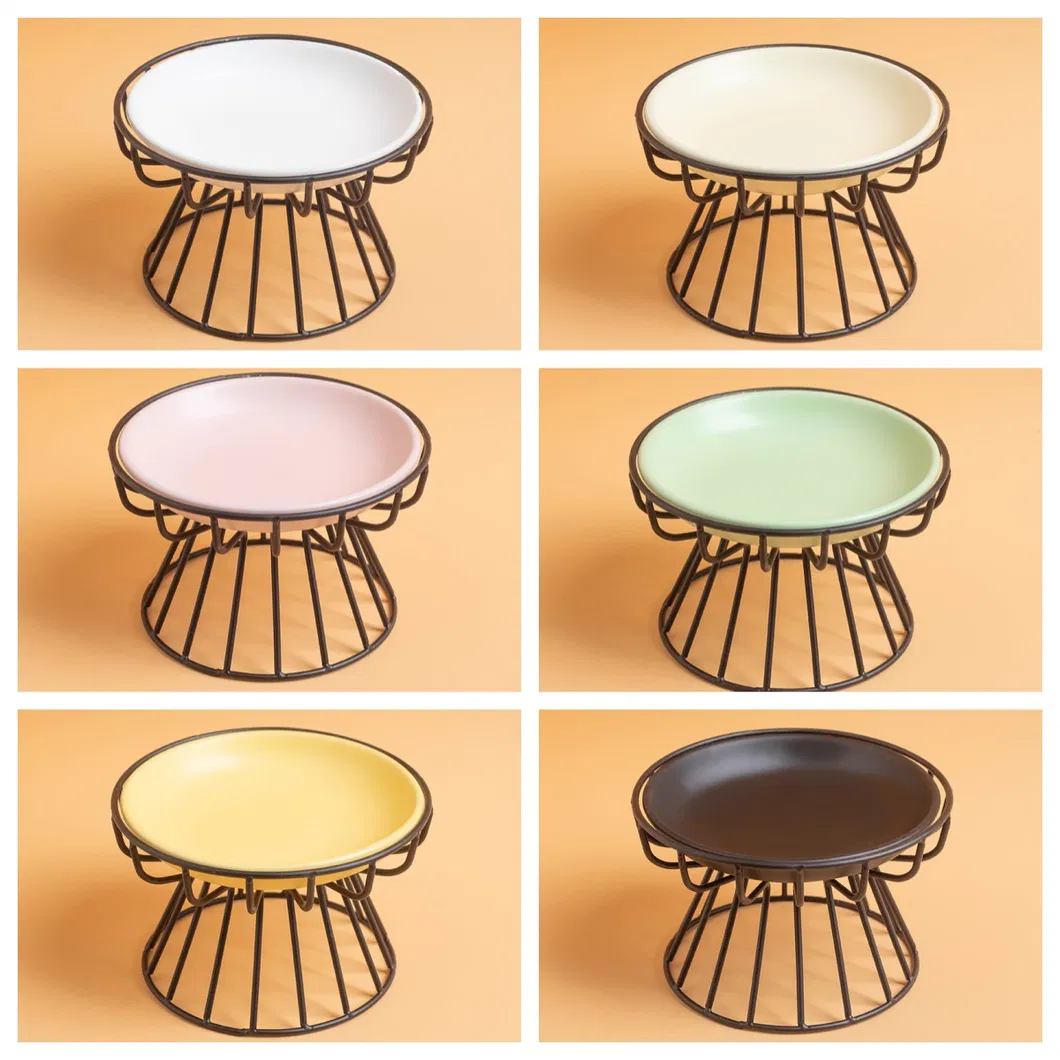 Neck-Protecting Round Ceramic Pet Food Bowl Dog Cat Bowls with Metal Stand