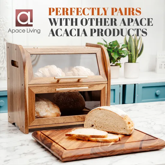 Large Double Acacia Wooden Bread Box Container Storage for Kitchen