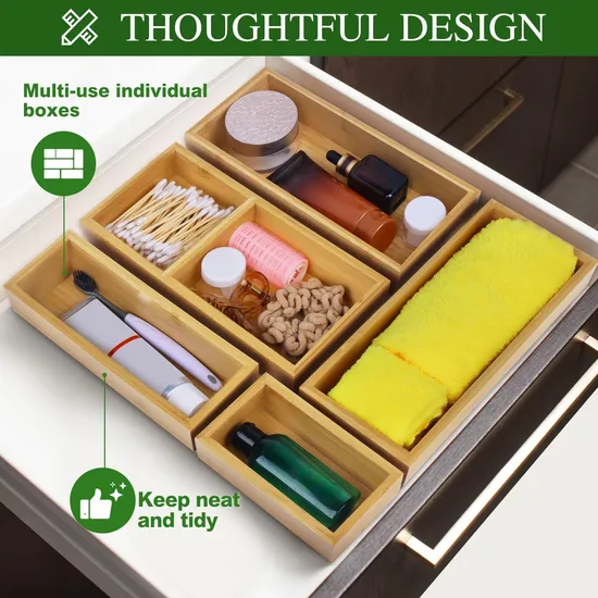 5 - Piece Bamboo Drawer Organizer Set Bamboo Storage Box for Bathroom, Kitchen & Office