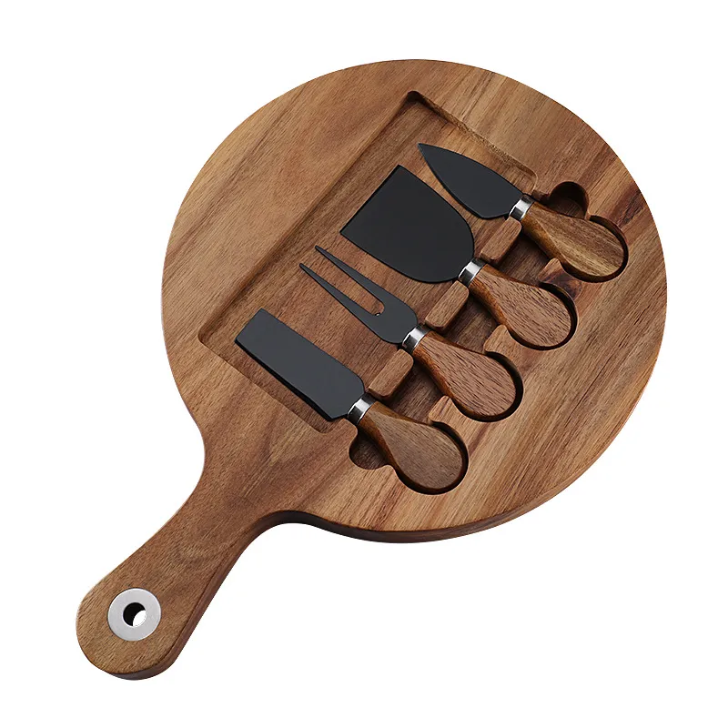 Mass Production Compact Round Acacia Wood Cheese Board with Handles and Knives