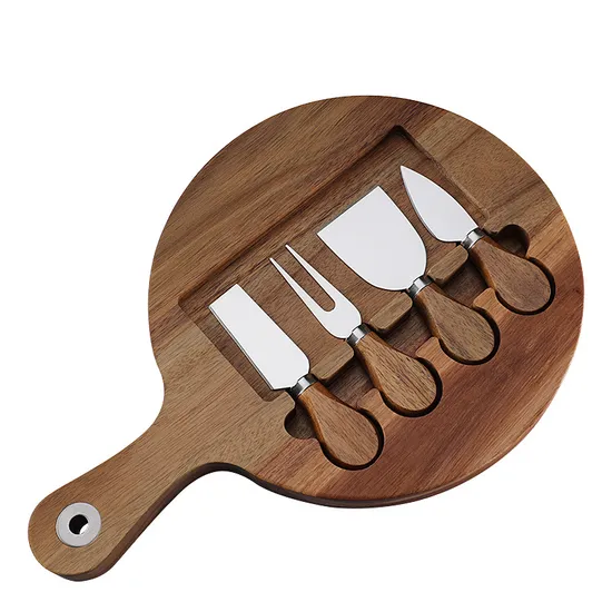 Mass Production Compact Round Acacia Wood Cheese Board with Handles and Knives