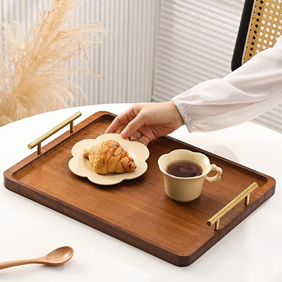 Deep Carbonized Rectangle Bamboo Serving Tray Set of 3 with Metal Handles