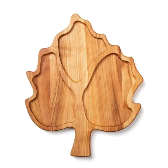 Leaf Shape Divided Acacia Wood Portion Serving Plate for Dried Fruits / Snack