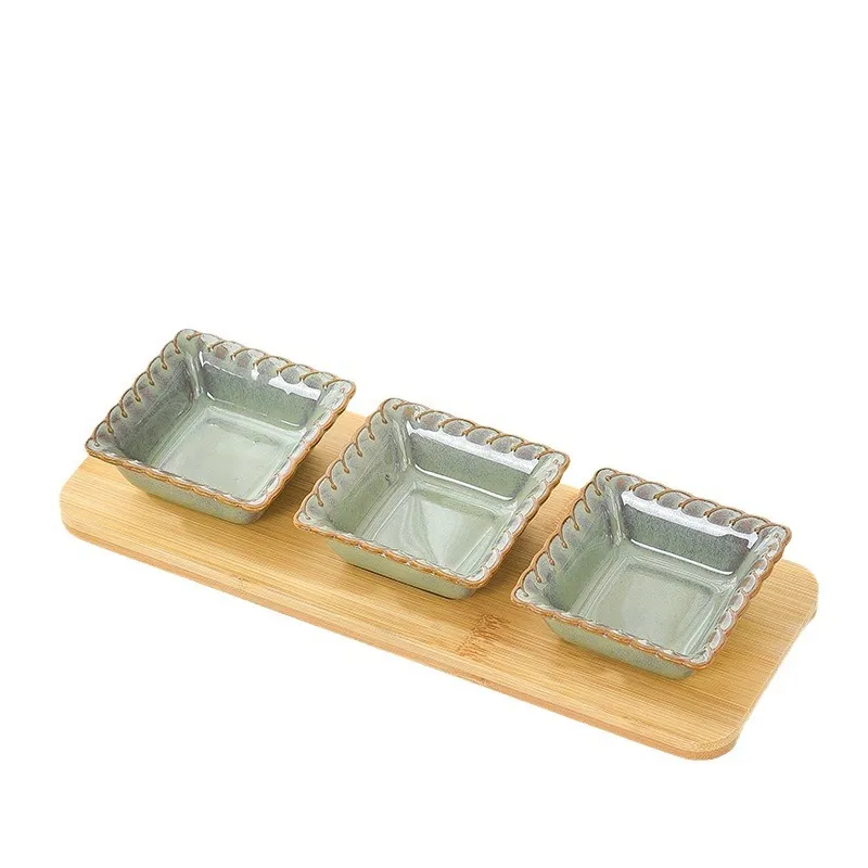 Set of 4 Ceramic Seasoning Dipping Bowls with Bamboo Serving Tray for Sush and Sauce