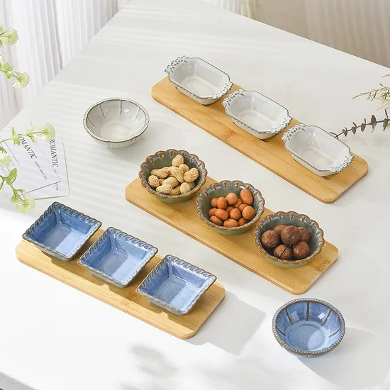 Set of 4 Ceramic Seasoning Dipping Bowls with Bamboo Serving Tray for Sush and Sauce