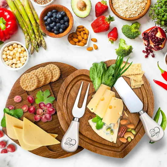 Heart Shape Wooden Cheese Server Tray /Board with Knife Set