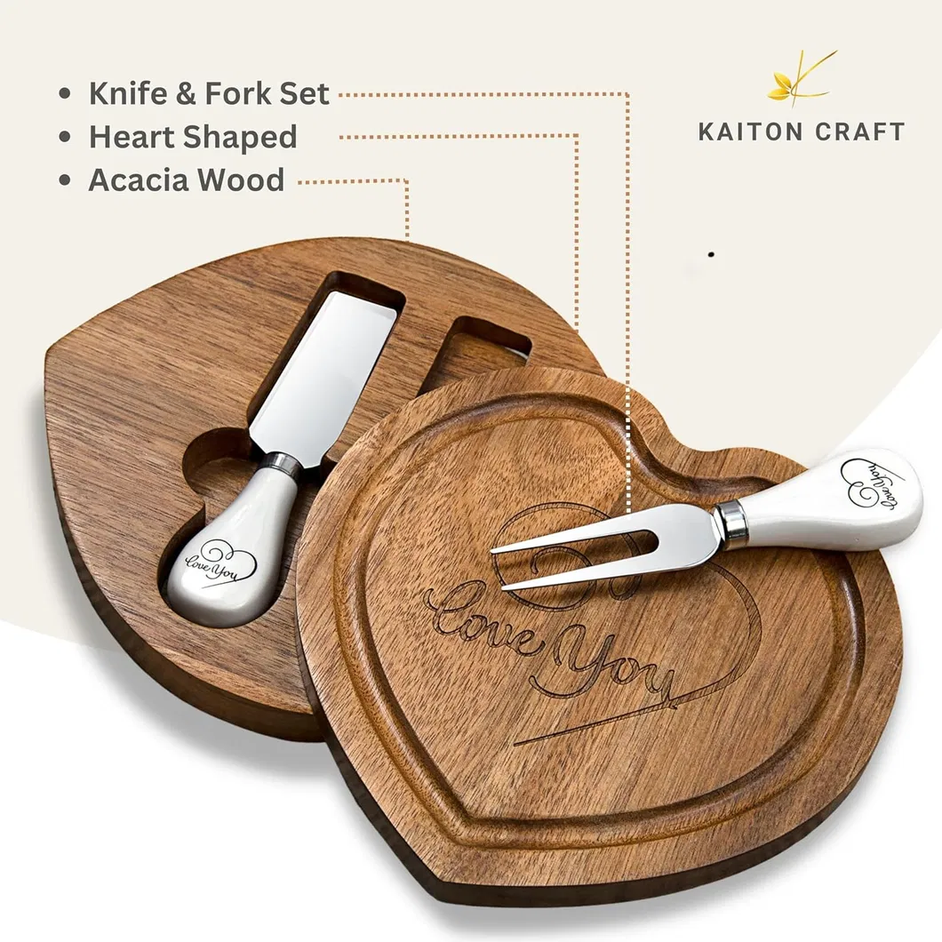 Heart Shape Wooden Cheese Server Tray /Board with Knife Set