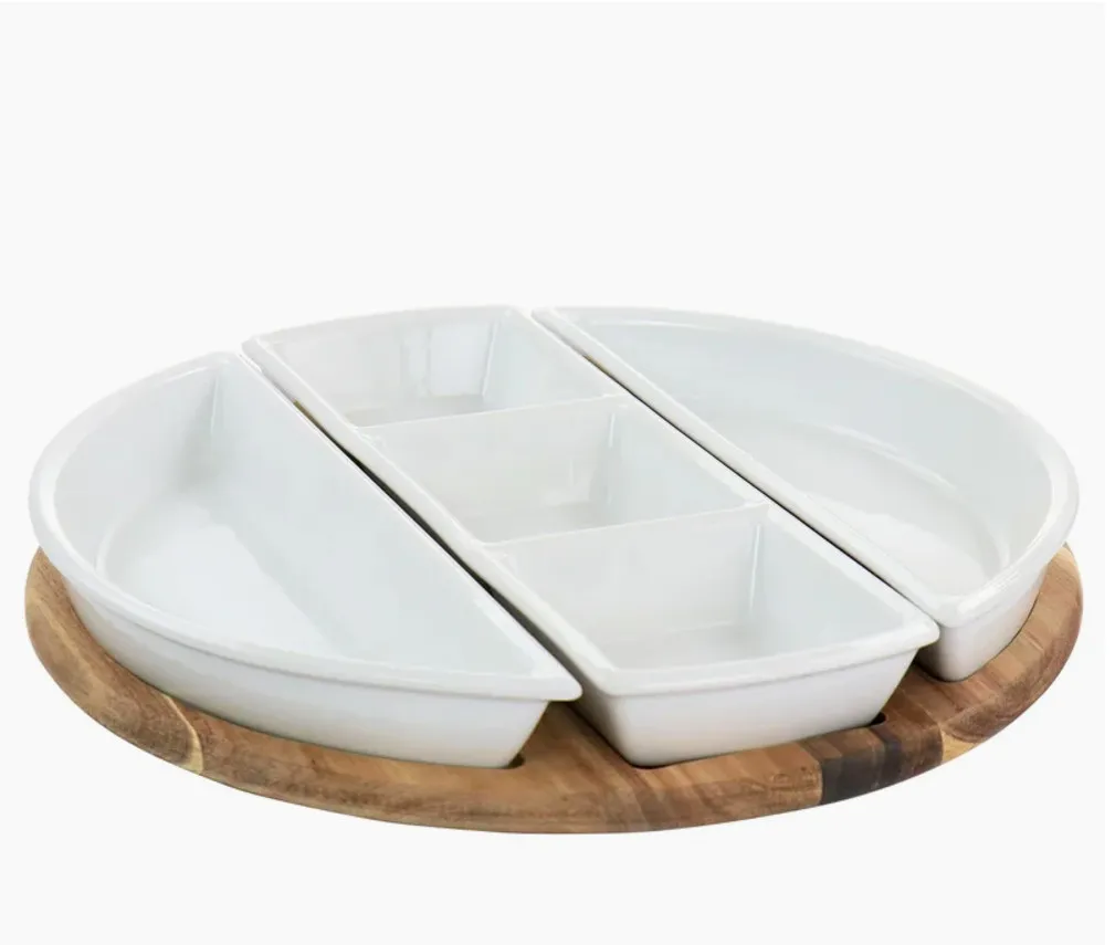 Ceramic Condiment Set Sauce Dish on Acacia Wood Base