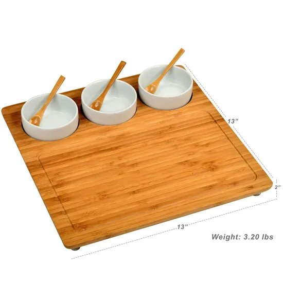 Bamboo Cheese Board and Knife Set with Ceramic Sauce Dishes for Serving Cheese, Charcuterie