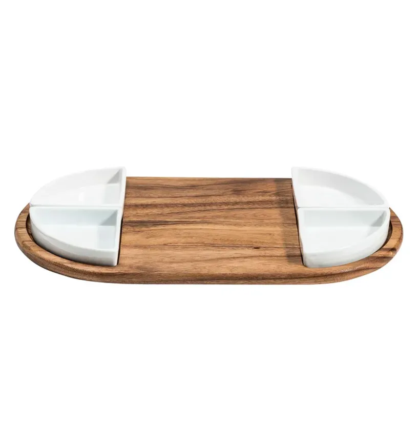 Acacia Cheese Board Serving Tray with 4 Ceramic Bowls
