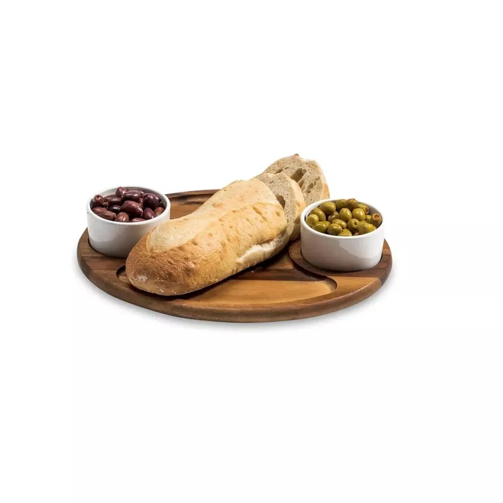 Large Acacia Wood Charcuterie Serving Board Wooden Tray with 2 Ceramic Bowls
