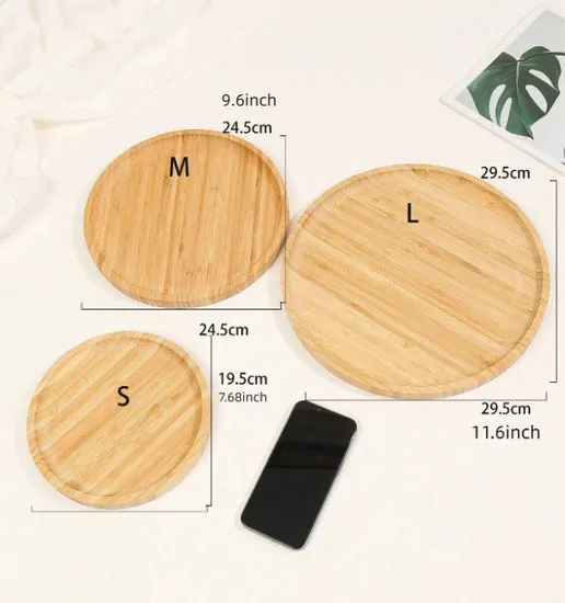 Round Bamboo Serving Tray Bamboo Plate Set of 3 for Coffee Table and Charcuterie