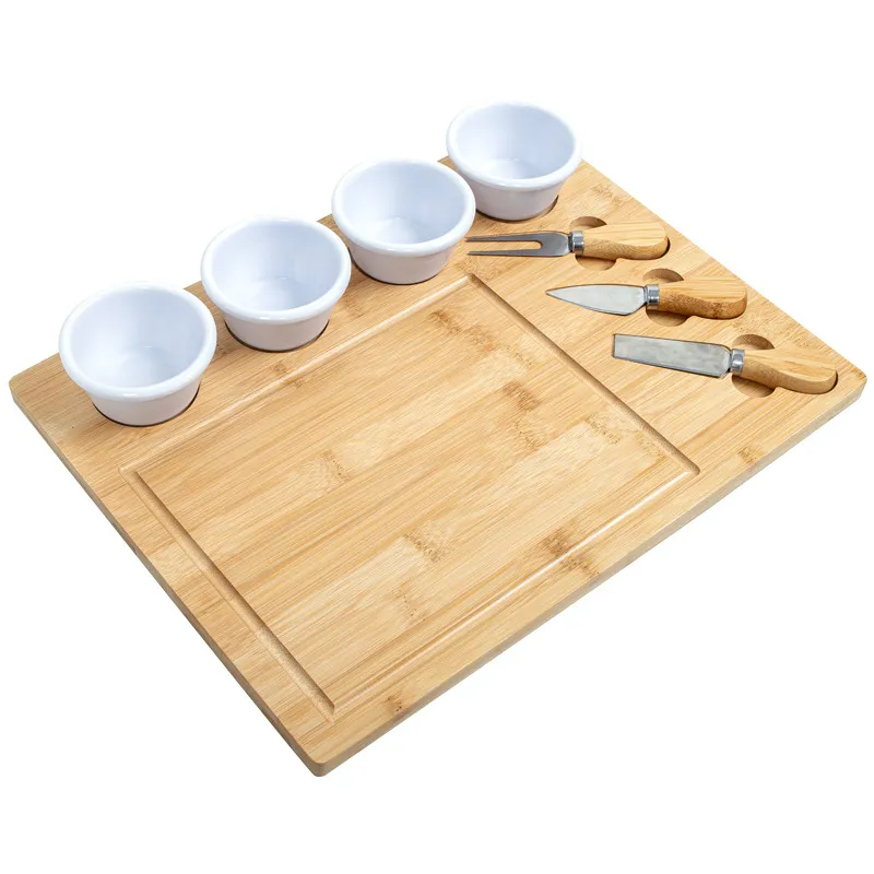 Bamboo Cheese Board and Knife Set with Ceramic Sauce Dishes for Serving Cheese, Charcuterie