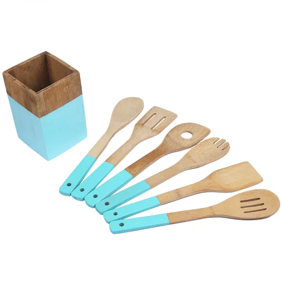 Pink Color Bamboo Cooking Utensils Set Wood Kitchen Tools Set with Holder