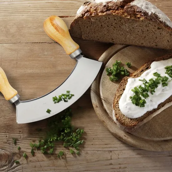 Half Moon Knife and 20 Cm Bamboo Wood Board with Double Blade Steel Herb Chopper