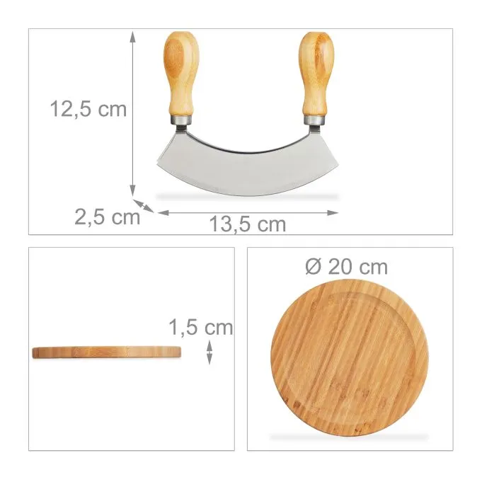 Half Moon Knife and 20 Cm Bamboo Wood Board with Double Blade Steel Herb Chopper