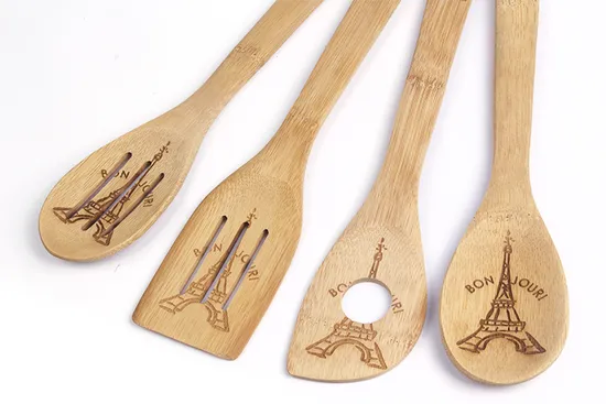 Custom Lasered Bamboo Slotted Spoon and Spatula for Kitchen