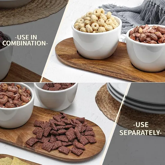 Acacia Wooden Tray with 3 White Ceramic Soup Bowls in a Chip and DIP Set