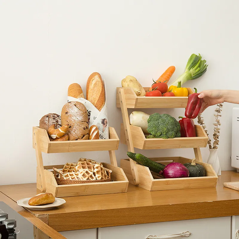 2 - Tier Bamboo Countertop Storage Basket for Fruits, Vegetables and Cakes