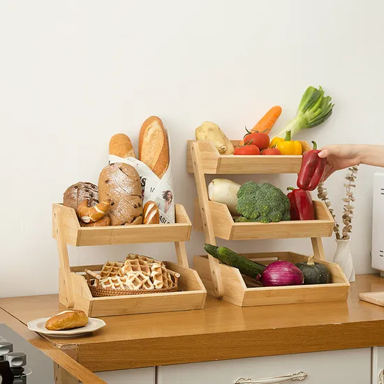 2 - Tier Bamboo Countertop Storage Basket for Fruits, Vegetables and Cakes