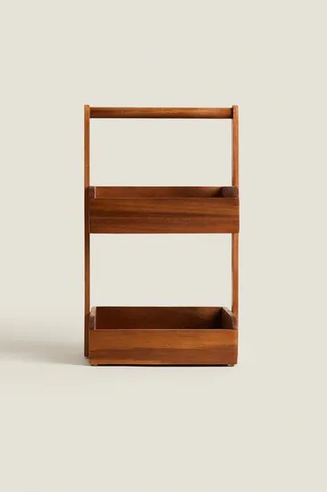 2 Tier Floor Standing Acacia Wood Storage Shelf Shower Organizer Rack with Handle