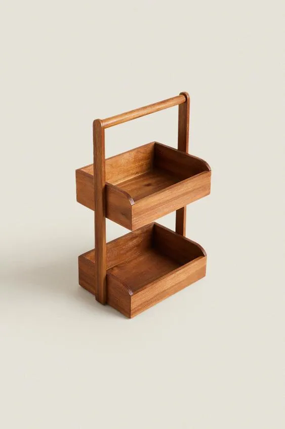 2 Tier Floor Standing Acacia Wood Storage Shelf Shower Organizer Rack with Handle
